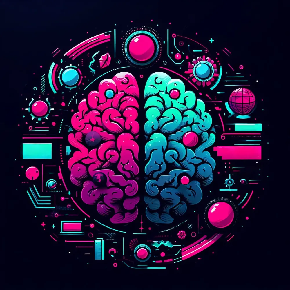 A stylised brain drawn in neon pink and blue circuitry inside a ring