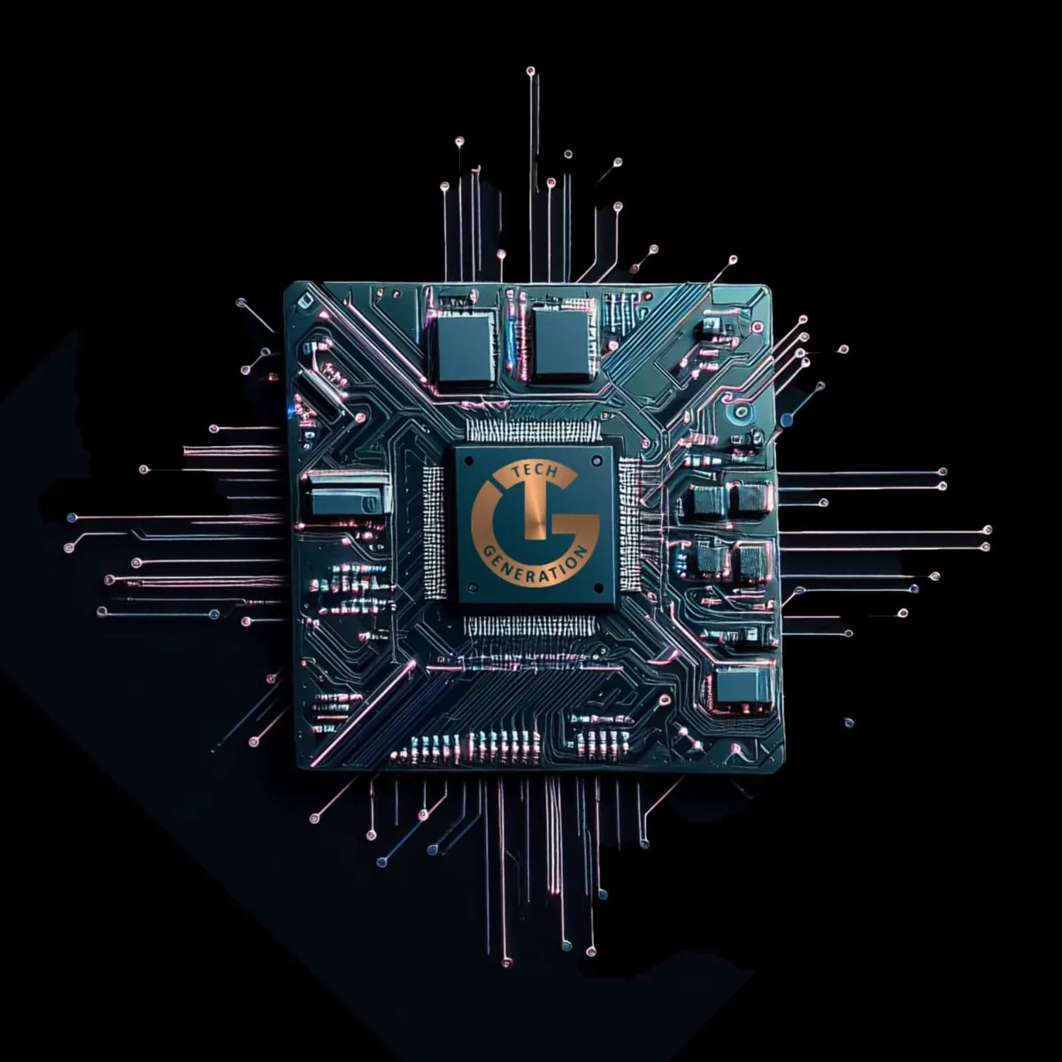 A circuit board with a Tech Generation branded processor at its centre, lit in pink and blue